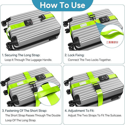 Luggage Straps with TSA Lock, Travel Belt for Luggage, TSA Approved Luggage Straps, 3-Dial Combination Locks Adjustable Suitcase Belt, Quick-Release Buckle (Green), 2 Pack