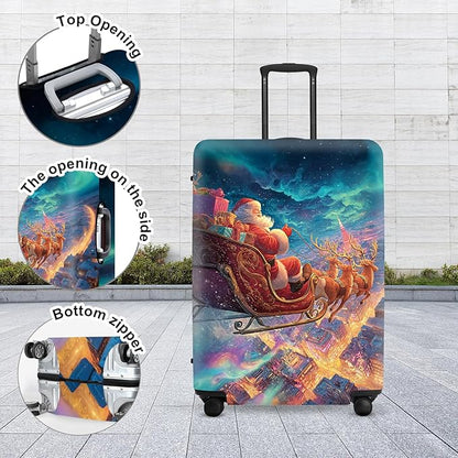 Northern Lights Christmas Luggage Cover - Santa's Sleigh Flying Over City Under Aurora, Magical Stretchable Suitcase Protector 32 34 Inch