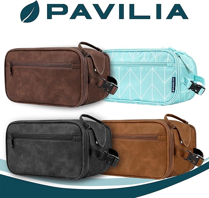PAVILIA Toiletry Bag for Men Women, Mens Travel Bag Toiletries Organizer Case for Grooming, Travel Essentials Shaving Dopp Kit, PU Leather Water Resistant Cosmetic Pouch, Teal Chevron