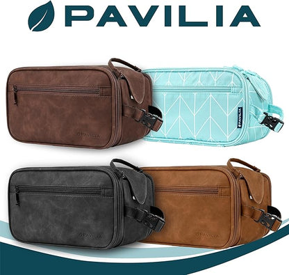 PAVILIA Toiletry Bag for Men Women, Mens Travel Bag Toiletries Organizer Case for Grooming, Travel Essentials Shaving Dopp Kit, PU Leather Water Resistant Cosmetic Pouch, Teal Chevron