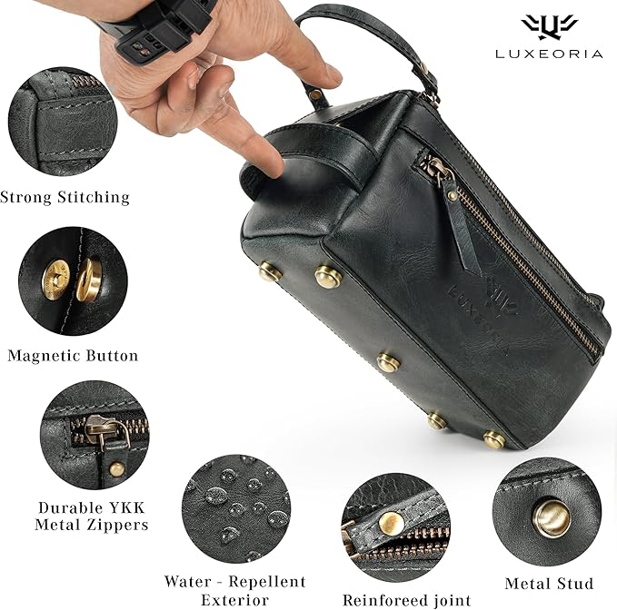 LUXEORIA Genuine Leather Toiletry Bags for Men and Women, Handmade Premium Leather Dopp Kit and Shaving Bag, Cosmetic Bag for Womens and Mens, Travel Essentials & Organizers