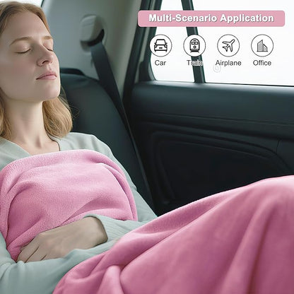 2-in-1 Convertible Travel Blanket & Pillow-Ultra Soft, Compact & Packable with Hand Luggage Sleeve and Backpack Clip for Flight & Car,Pink
