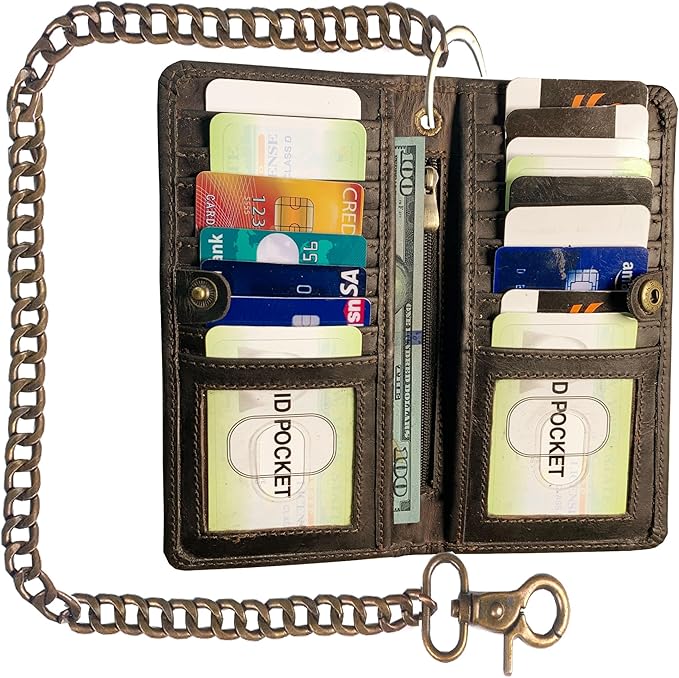 CLASSIC Motorcycle Chain Wallet for Men – Premium Cowhide Leather, RFID Bi-Fold Biker Wallet for Bikers Truckers & Hunters, Credit Card Money Organizer Long Wallet Crazy Horse Brown Vintage Chain