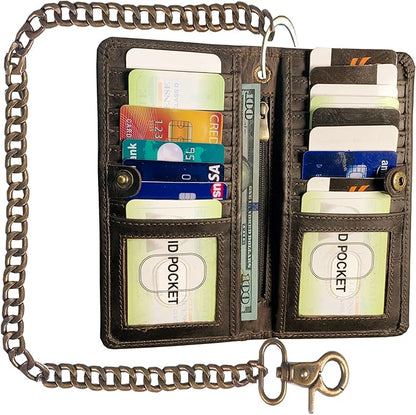 CLASSIC Motorcycle Chain Wallet for Men – Premium Cowhide Leather, RFID Bi-Fold Biker Wallet for Bikers Truckers & Hunters, Credit Card Money Organizer Long Wallet Crazy Horse Brown Vintage Chain