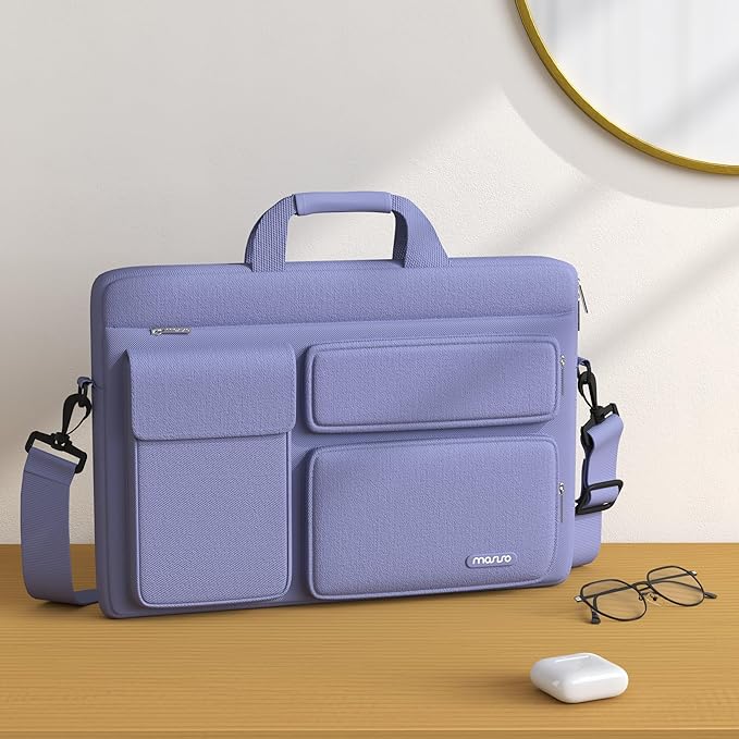 MOSISO Laptop Shoulder Bag 15.6 inch, 15-15.6 inch Computer Bag Compatible with MacBook Pro 16 inch, HP, Dell, Lenovo, Notebook with 2 Raised&1 Flapover&1 Horizontal Pocket&Handle&Belt, Lavender Gray