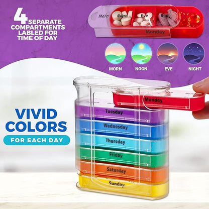 V-Grip Pill Splitter - Stackable Pill Organizer with 4 Daily Compartments, Medicine, Vitamin Organizer with AM/PM Boxes