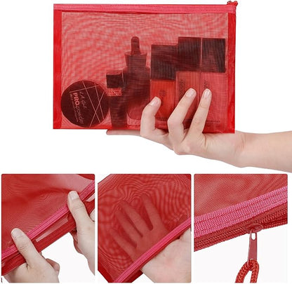 12 Pieces Zipper Nylon Mesh Pouch, Mesh Cosmetic Bags Makeup Bags Pencil Case, Multipurpose Travel Bags for Cosmetic School Office Supplies and Travel Accessories (Red, A5)