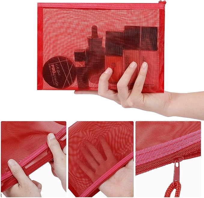12 Pieces Zipper Nylon Mesh Pouch, Mesh Cosmetic Bags Makeup Bags Pencil Case, Multipurpose Travel Bags for Cosmetic School Office Supplies and Travel Accessories (Red, A5+B6)