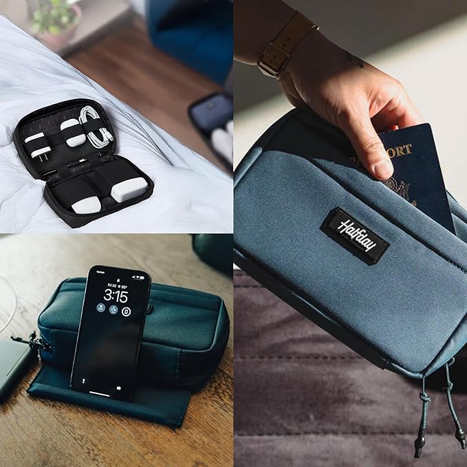 Halfday Sidekick Tech Organizer Kit | Flip-Out Kickstand for Phone/Tablet, Zip-Flat Pouch with Power Mesh & Elastic for Cable & Charger (Splash-Resistant Travel Electronics Accessories Case), Shadow