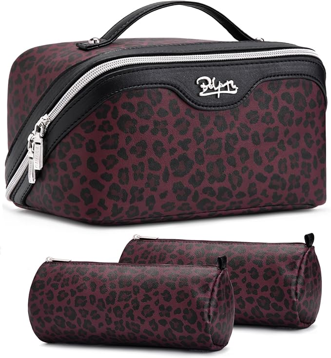 BOYATU Travel Makeup Bag for Women: 3 Pcs Set Portable Make up Bags with Handle - Leopard Print Cosmetic Bags with Comparments - Waterproof Vegan Leather Toiletry Bag (10-Red)
