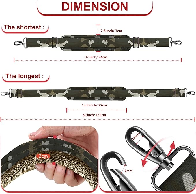 ZINZ 60" Universal Bag Strap with Ultra-Thick Fixed Breathable Pad Adjustable Heavy-Duty Shoulder Strap for Laptop Bag Crossbody Luggage Gym Bag Camera Bag and More,Camouflage Green