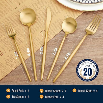 20 Pcs Gold Silverware Set, Stainless Steel Flatware Set Service for 4, Matte Gold Cutlery Set, Include Knives/Forks/Spoons, Dishwasher Safe