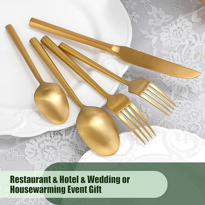 DEACORY Silverware Set Flatware Set Matte Gold Cutlery Set Brushed Brass Heavy Hexagon Handle Stainless Steel 40 Pieces Dishwasher Safe Service for 8