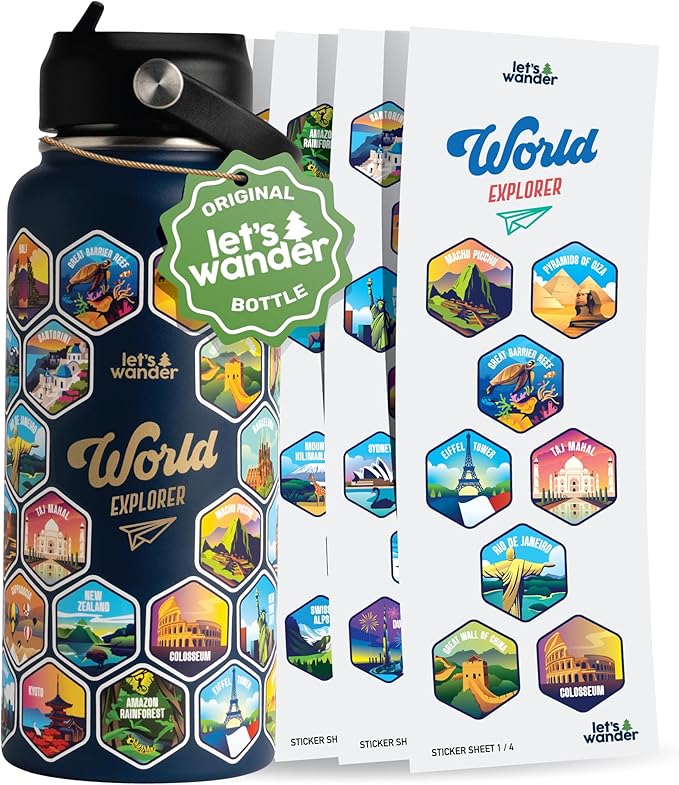 LET'S WANDER World Explorer Adventure Water Bottle with 50 Waterproof Stickers - 32oz Leakproof Insulated Stainless Steel with Straw - Travel Goal Gift Bottle (Blue)