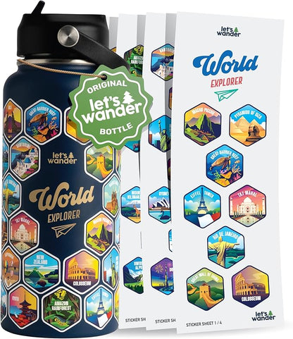 LET'S WANDER World Explorer Adventure Water Bottle with 50 Waterproof Stickers - 32oz Leakproof Insulated Stainless Steel with Straw - Travel Goal Gift Bottle (Blue)