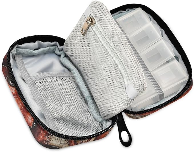 Octopus Pirate and Compass Travel Pill Organizer Case Box Container Weekly Portable Vitamin Medicine Holder Storage Bag with Zipper Removable