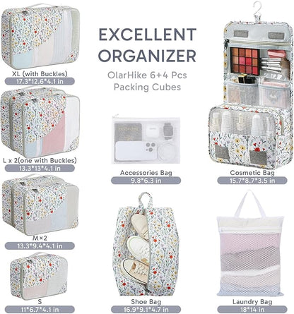 ALL INCLUDED 10 Set Durable Packing Cubes for Suitcases,OlarHike Essentials for Travel,UPGRADED Anti-Tear Stitching, NEW Improved Luggage Packing Organizers for Travel Accessories (Flower)