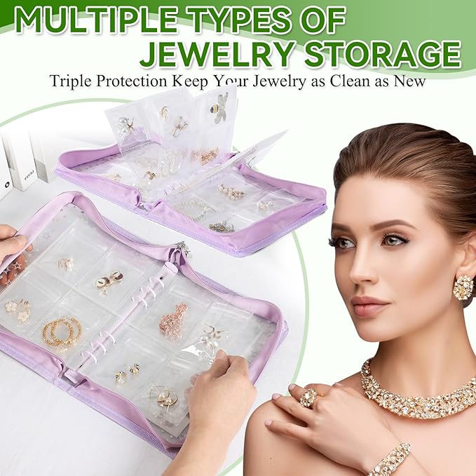 Jewelry Organizer Case Travel Clear Earring Organizer Case Transparent Jewelry Storage Book with Clear Zippered Jewelry Pouch (Purple, With 80 Pcs small Jewelry Pouches)