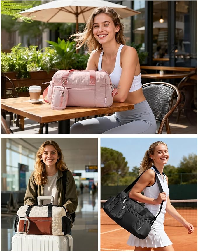 Kookoomia Small Gym Bag for Women, Mini Sports Duffle Bag for Workout Dance Ballet Yoga Gymnastics, Quilted Lightweight Puffer Travel Tote with Detachable Coin Purse & Wet Pocket, Black