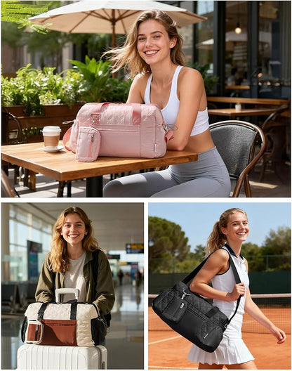 Kookoomia Small Gym Bag for Women, Mini Sports Duffle Bag for Workout Dance Ballet Yoga Gymnastics, Quilted Lightweight Puffer Travel Tote with Detachable Coin Purse & Wet Pocket, Black