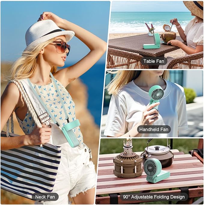 Portable Handheld Fan, 4000mAh Rechargeable, 6 Speed Settings, LCD Display, 3-in-1 Foldable Mini Desk Fan with Lanyard (Green)