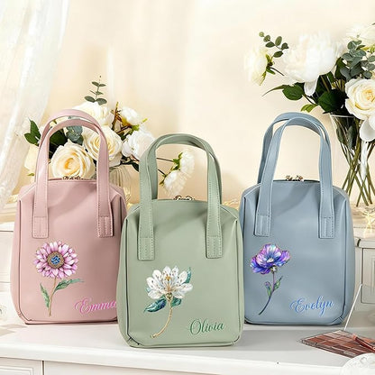 callie Personalized Makeup Bag - Custom Name & Birth Flower, Leather Cosmetic Organizer Travel Bag with Double Zippers & Handle, Birthday Christmas Gift for Women