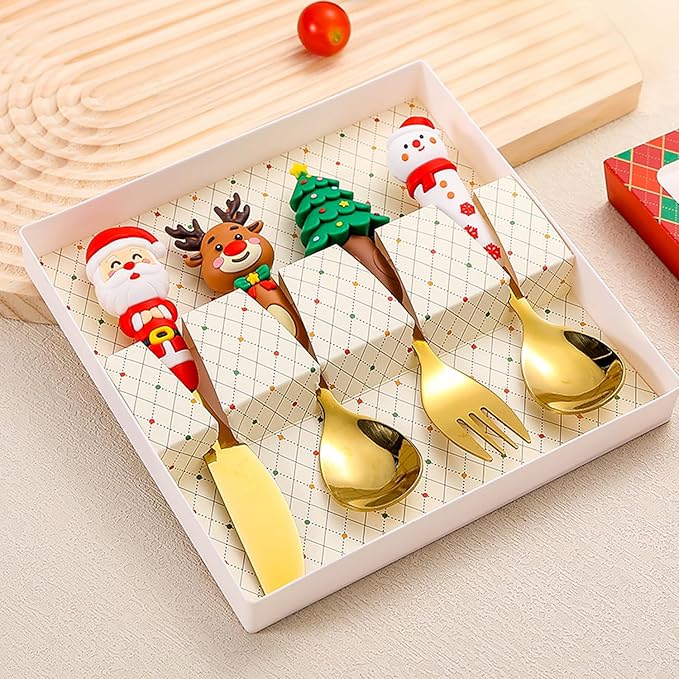 Christmas Utensil Set | Reusable Portable Cutlery Set | Stainless Steel Knife Fork Spoons Gift Box | Includes Themed Utensils (Tree/Santa/Deer/Snowman) | Ideal Christmas Gift
