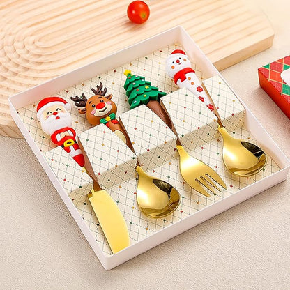 Christmas Utensil Set | Reusable Portable Cutlery Set | Stainless Steel Knife Fork Spoons Gift Box | Includes Themed Utensils (Tree/Santa/Deer/Snowman) | Ideal Christmas Gift