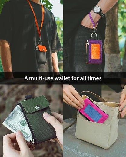 Minimalist Wallet For Mens Womens, Keychain RFID Blocking Zipper Small Wallet with ID Window 2 Lanyards,Water Resistant Travel Cash Card Coin Case Boys Girls