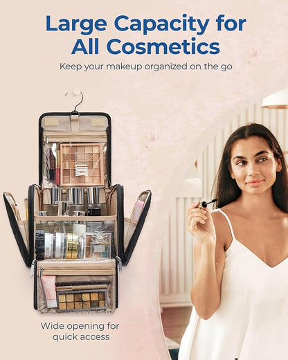 BAGSMART Makeup Bag for Women with Hanging Hook - Portable Cosmetic Case, Large Capacity Door Room Essentials Travel Organizer for Full Sized Cosmetics and Toiletries, Black