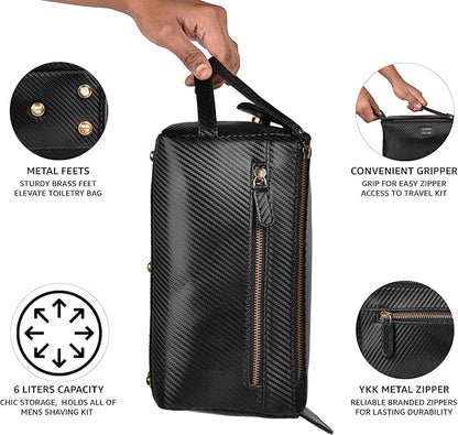 LEATHER VILLAGE Premium Carbon Fiber Genuine Leather Travel Toiletry Bag - Large Dopp Kit, Water-Resistance Bathroom & Shaving Organizer for Men & Women - Black