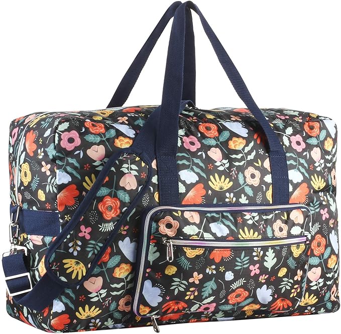 Travel Foldable Waterproof Duffel Bag - Lightweight Carry on Luggage Tote Duffel Bag(Black Floral)
