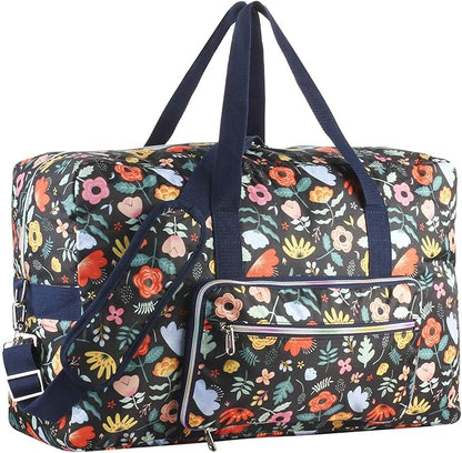Travel Foldable Waterproof Duffel Bag - Lightweight Carry on Luggage Tote Duffel Bag(Black Floral)