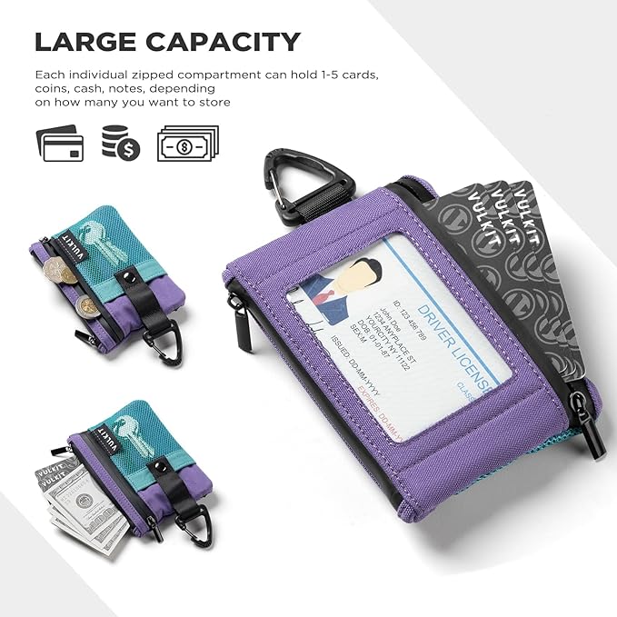 VULKIT Small RFID Wallet for Women & Men – Minimalist Zipper Wallet with ID Window, Keychain & Carabiner, Holds 15 Cards, Water Resistant Travel Lanyard Wallet AauaGreen Purple