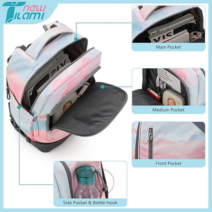 NEW TILAMI 18 Inch Rolling Backpack with Wheels for Girls Boys Kids Laptop Backpack School Travel, Pink Sunset