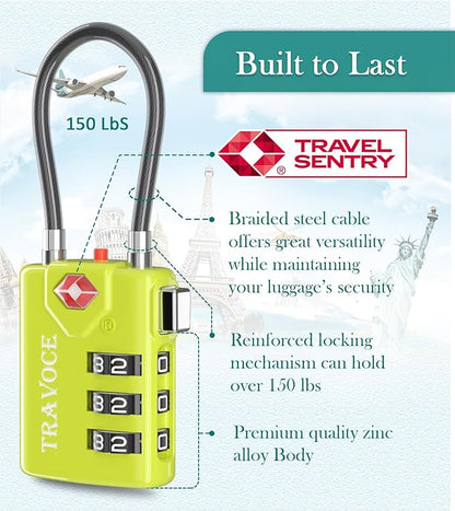 Search Alert TSA Approved Travel Combination Luggage Cable Locks for Suitcase, Gym Locker,Toolbox,Backpack 1,2,4,6 &10 pk (Lime 2 Pack)