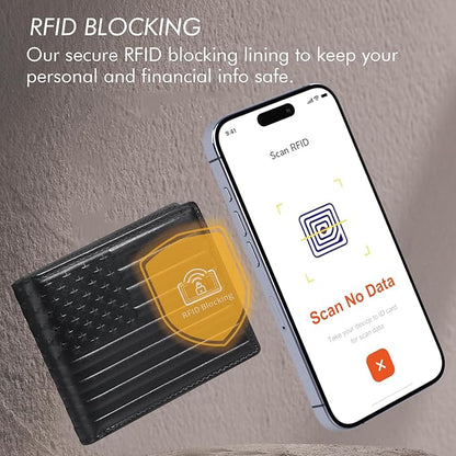 Full Grain Leather Wallet for Men, RFID Blocking, Mens Wallet Bifold with 2 ID Windows, Billfold with 13 Card Slots, Leather Gift for Men, American Flag Wallet Black