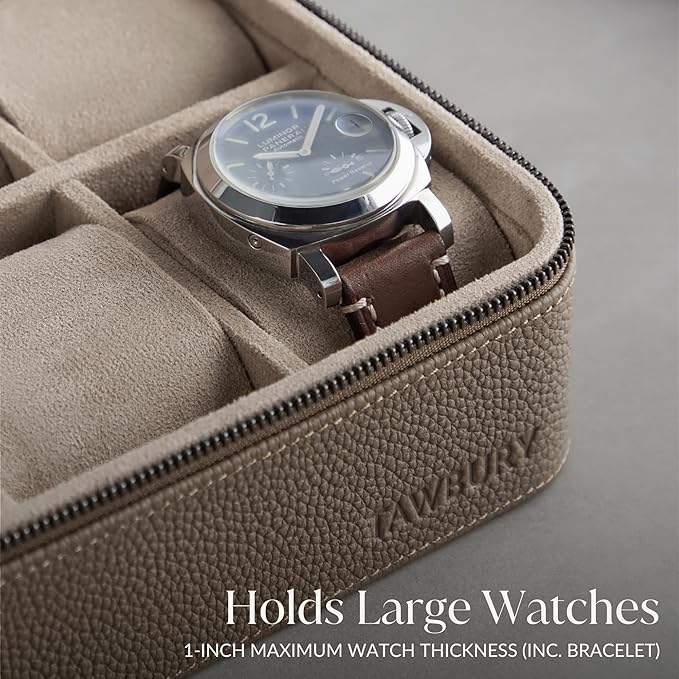 TAWBURY Watch Case - 4 Slot Genuine Top-Grain Leather Watch Box for Men & Women with Extra Wide Pillows for Large Watches - Portable Wristwatch Storage for Home & Travel (Taupe)