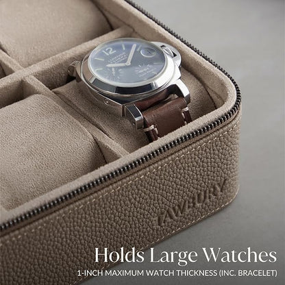 TAWBURY Watch Case - 4 Slot Genuine Top-Grain Leather Watch Box for Men & Women with Extra Wide Pillows for Large Watches - Portable Wristwatch Storage for Home & Travel (Taupe)