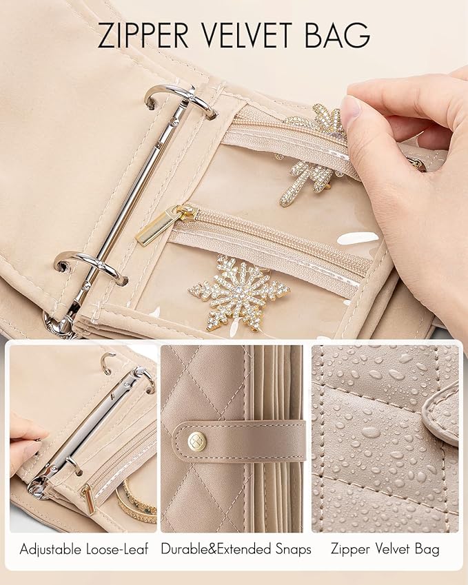 Vlando Travel Jewelry Case,Portable Jewelry Organizer Storage Book with Clear Zipper Velvet Jewelry Pouch Bag Gifts for Traveler Women Girls-Toffee