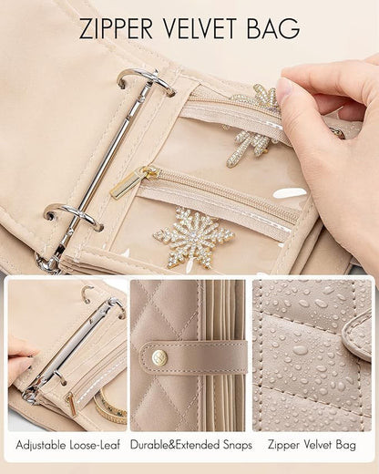 Vlando Travel Jewelry Case,Portable Jewelry Organizer Storage Book with Clear Zipper Velvet Jewelry Pouch Bag Gifts for Traveler Women Girls-Toffee