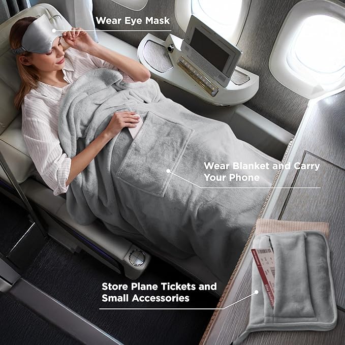 Bedsure Travel Blanket Airplane Compact with Storage Bag, Packable Blanket with Eye Mask, Lightweight 2-in-1 Travel Essentials, Functioned as Pillow for Airplane Comfort and Warmth, Grey