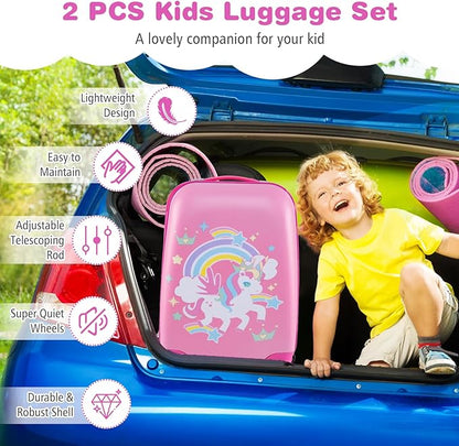 KOTEK Kids Carry On Luggage Set, 16" Hardside Rolling Suitcase with Spinner Wheels, Travel Rolling Luggage for Boys Girls (Rose Unicorn)