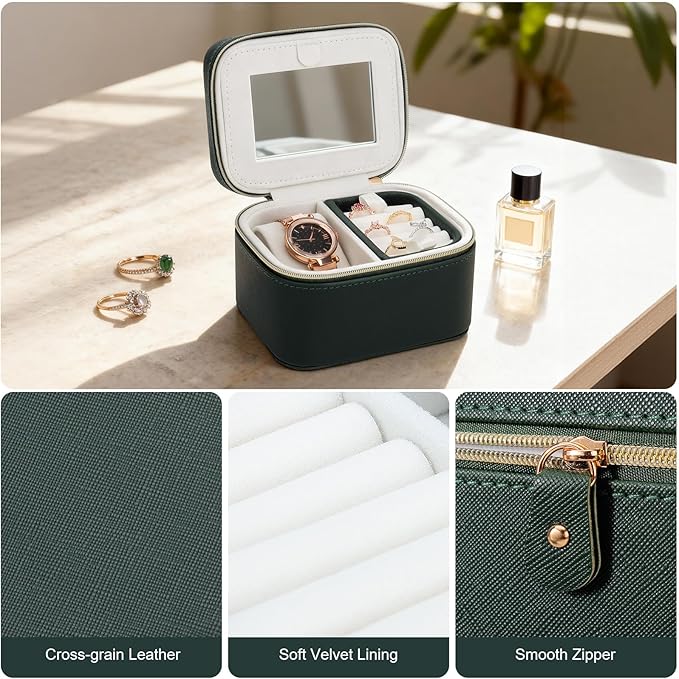 DesignSter Travel Jewelry Case,Small Jewelry Box with Mirror,Leather Material Travel Jewelry Case Organizer, Portable Jewelry Organizer with Zipper(Green