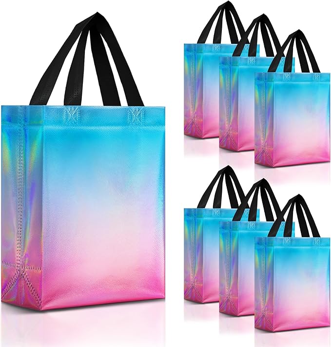 Nush Nush Aqua to Pink Gift Bags With Holographic Finish - Set of 30 Reusable Gift Bags Bulk Medium Size - Perfect Party Favor Bag Set For Small Business, Birthday, Baby Shower, Events - 8Wx4Dx10H