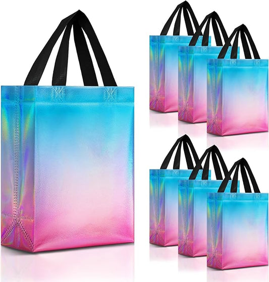 Nush Nush Aqua to Pink Gift Bags With Holographic Finish - Set of 30 Reusable Gift Bags Bulk Medium Size - Perfect Party Favor Bag Set For Small Business, Birthday, Baby Shower, Events - 8Wx4Dx10H