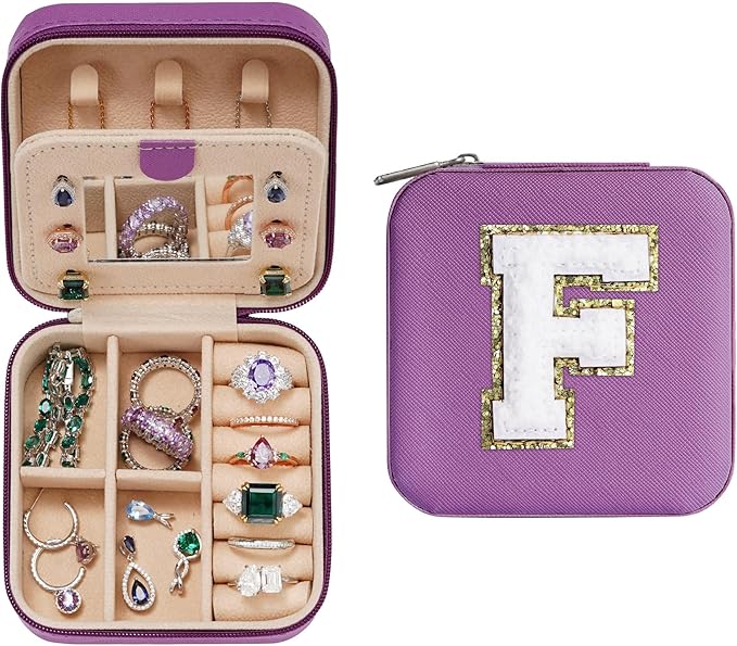 Parima Christmas Gifts for Mom - Small Travel Jewelry Box, Travel Jewelry Case with Mirror for Necklace Earrings Rings Organizer | Birthday Gifts Christmas Travel Gifts for Mom - Letter F, Purple