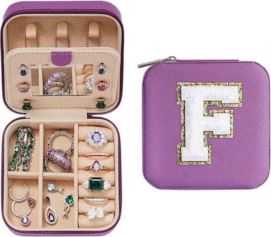 Parima Christmas Gifts for Mom - Small Travel Jewelry Box, Travel Jewelry Case with Mirror for Necklace Earrings Rings Organizer | Birthday Gifts Christmas Travel Gifts for Mom - Letter F, Purple