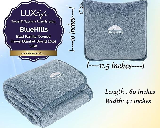 BlueHills Premium Soft Plush Travel Blanket Pillow for Airplane Traveling Essentials in a Bag Flight Throw with Hand Luggage Belt Backpack Clip Compact Portable Plane Accessories Grayish Blue - T026