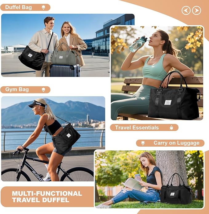 Large Gym Bag for Women Carry on Duffel 18 x 14 x 8 inches Spirit Airlines Travel Essentials Bag Weekender Space Saver Clothes Vacuum Storage Bags with hand pump,Duffle Hospital Luggage backpack Black